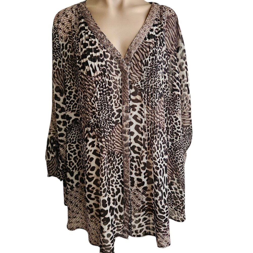 Mob Wife Plus Size Animal Print Sheer Leopard Print Top Plus 3X Button Up
